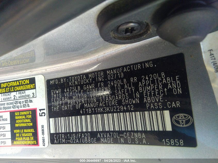2019 TOYOTA CAMRY LE - 4T1B11HK3KU229412