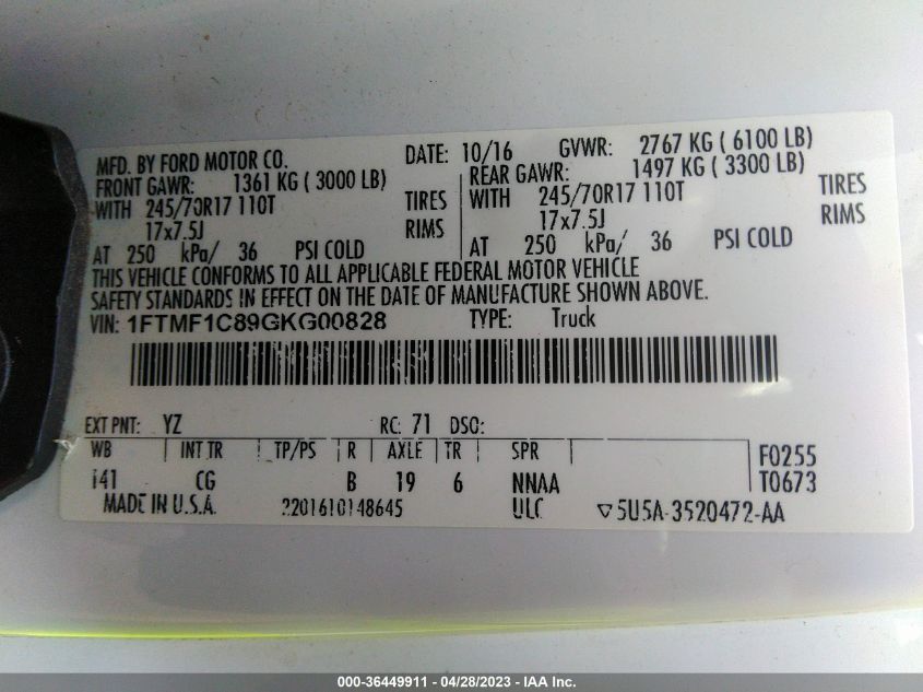 2016 FORD F-150 XL/XLT - 1FTMF1C89GKG00828