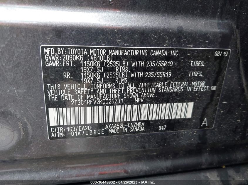 2019 TOYOTA RAV4 XLE PREMIUM - 2T3C1RFV2KC026231