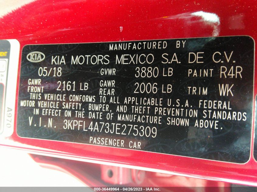 2018 KIA FORTE S - 3KPFL4A73JE275309