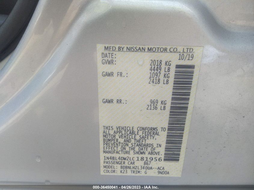 2020 NISSAN ALTIMA 2.5 SV - 1N4BL4DW2LC181956