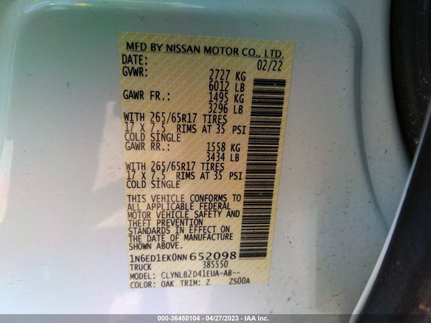2022 NISSAN FRONTIER SV - 1N6ED1EK0NN652098