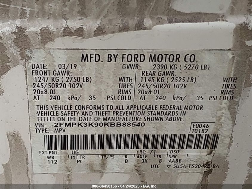 2019 FORD EDGE TITANIUM - 2FMPK3K90KBB88540