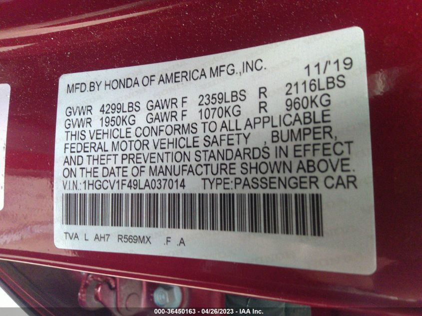 2020 HONDA ACCORD SEDAN EX - 1HGCV1F49LA037014