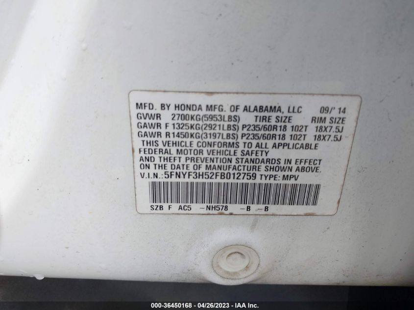 2015 HONDA PILOT EX-L - 5FNYF3H52FB012759