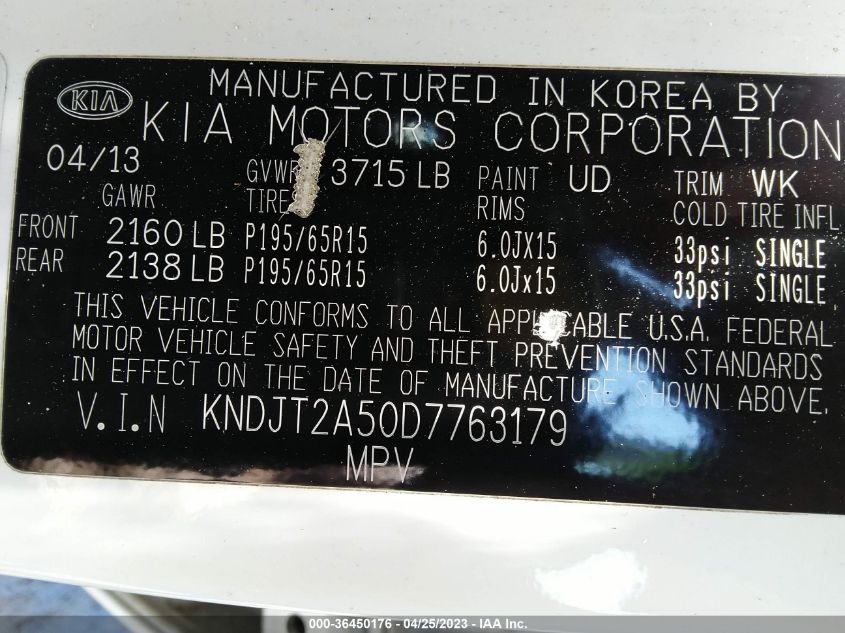 2013 KIA SOUL BASE - KNDJT2A50D7763179