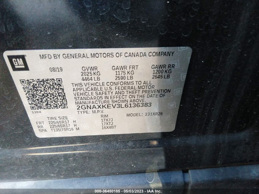 2020 CHEVROLET EQUINOX LT - 2GNAXKEV3L6136383