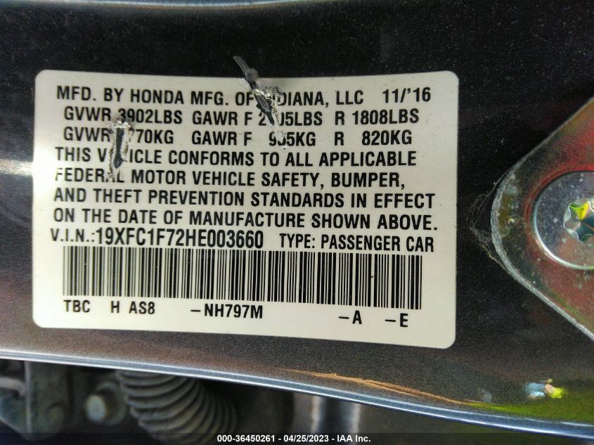 2017 HONDA CIVIC SEDAN EX-L - 19XFC1F72HE003660
