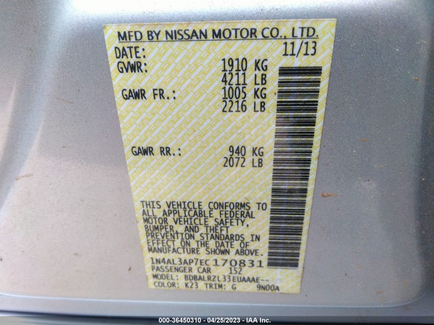 2014 NISSAN ALTIMA 2.5 S - 1N4AL3AP7EC170831