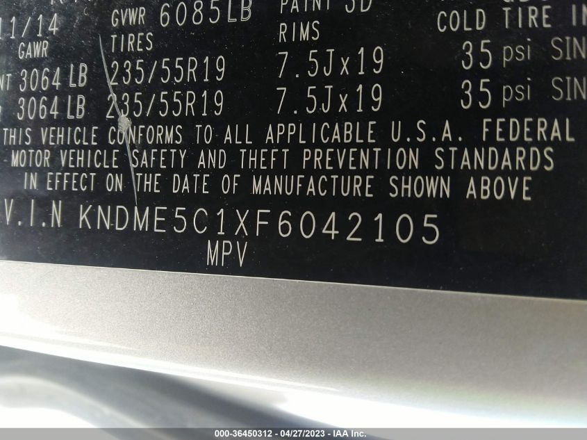 2015 KIA SEDONA SX-L - KNDME5C1XF6042105
