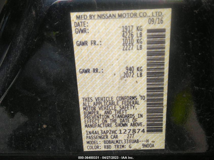 2017 NISSAN ALTIMA 2.5 SV - 1N4AL3AP2HC127874