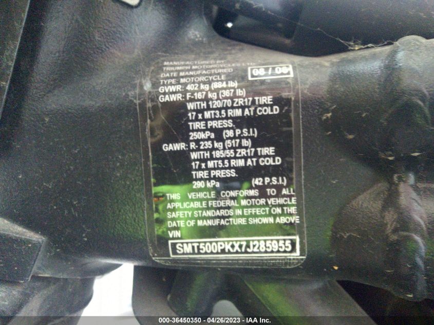 2007 TRIUMPH MOTORCYCLE SPEED TRIPLE SMT500PKX7J285955
