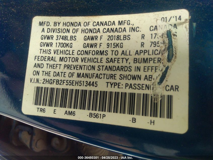 2014 HONDA CIVIC SEDAN LX - 2HGFB2F55EH513445