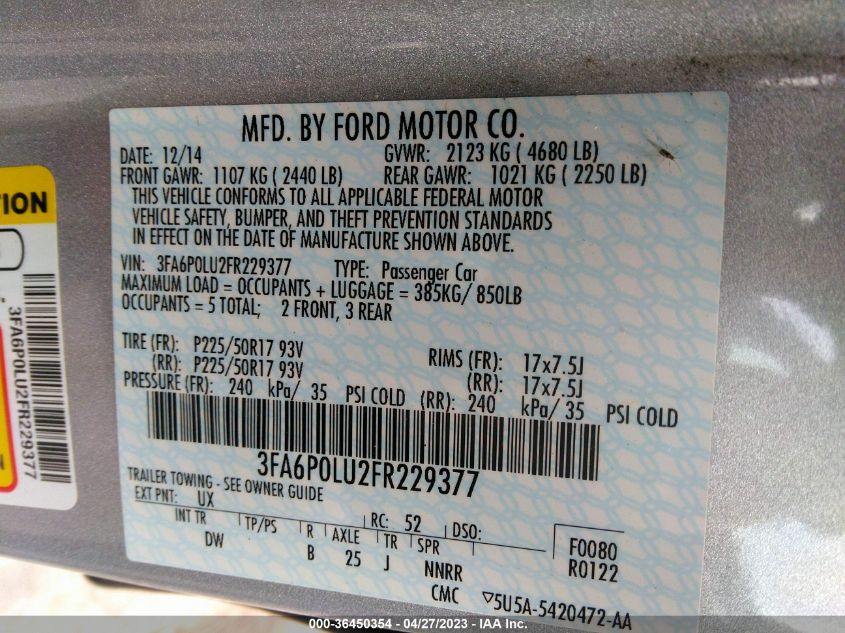 2015 FORD FUSION SE HYBRID - 3FA6P0LU2FR229377