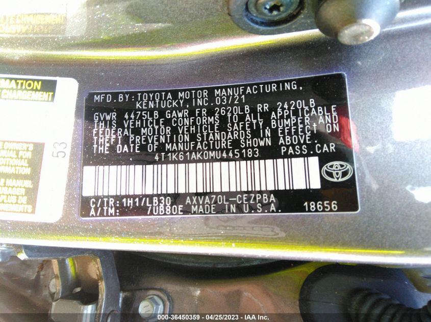 2021 TOYOTA CAMRY XSE - 4T1K61AK0MU445183