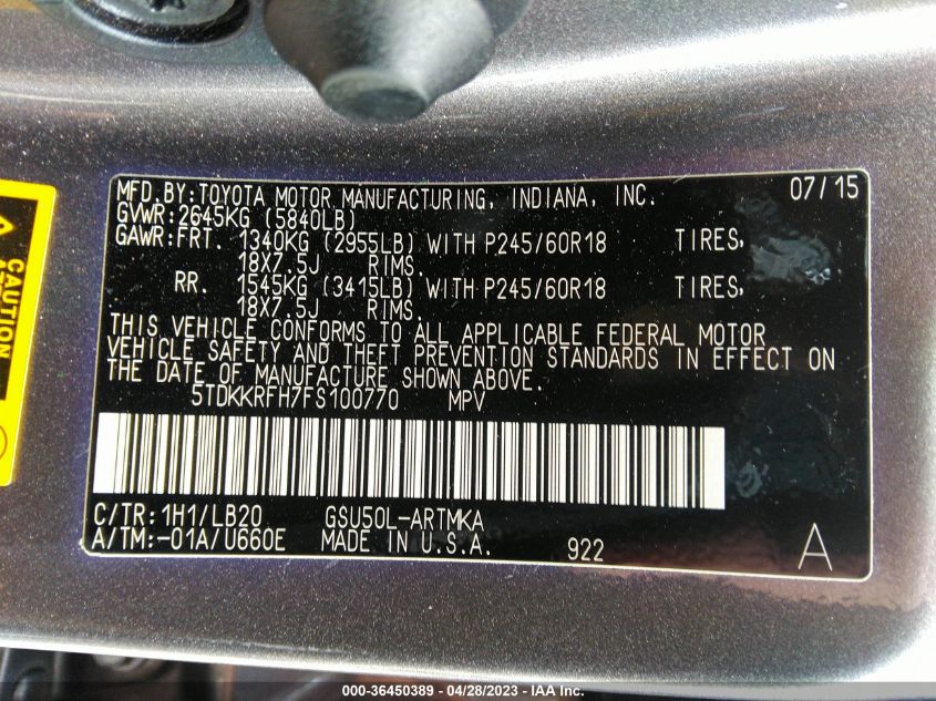 2015 TOYOTA HIGHLANDER XLE - 5TDKKRFH7FS100770