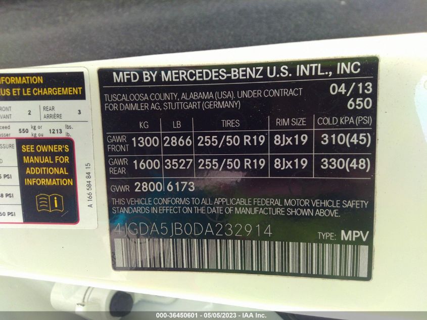 2013 MERCEDES-BENZ M-CLASS ML 350 - 4JGDA5JB0DA232914