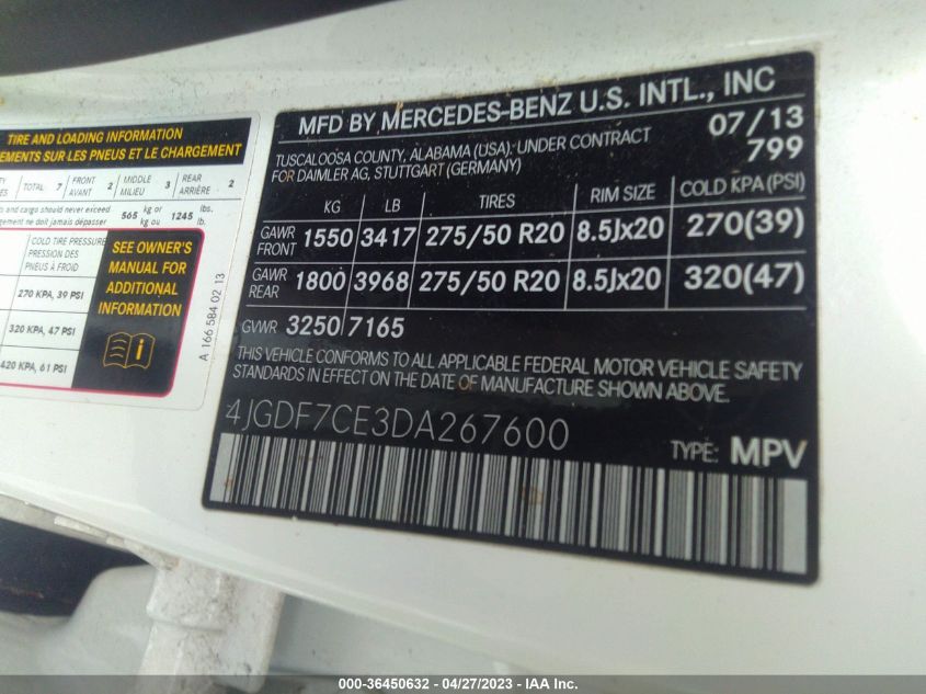 2013 MERCEDES-BENZ GL-CLASS GL 450 4JGDF7CE3DA267600