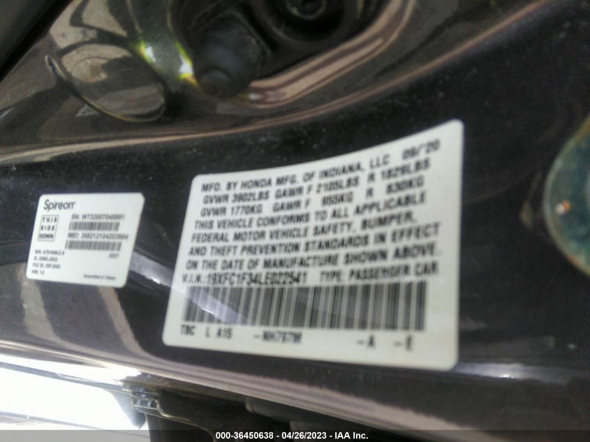 2020 HONDA CIVIC SEDAN EX - 19XFC1F34LE022541