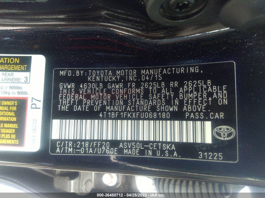2015 TOYOTA CAMRY XLE/SE/LE/XSE - 4T1BF1FKXFU068180