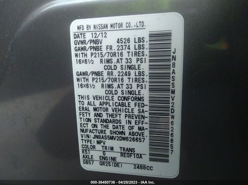 2013 NISSAN ROGUE S - JN8AS5MV2DW626657