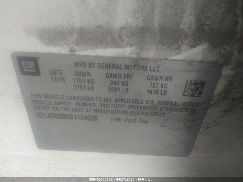 2016 CHEVROLET SONIC RS - 1G1JG6SB5G4134936