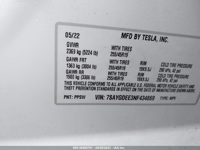 VIN 7SAYGDEE3NF434869 2022 TESLA MODEL Y LONG RANGE