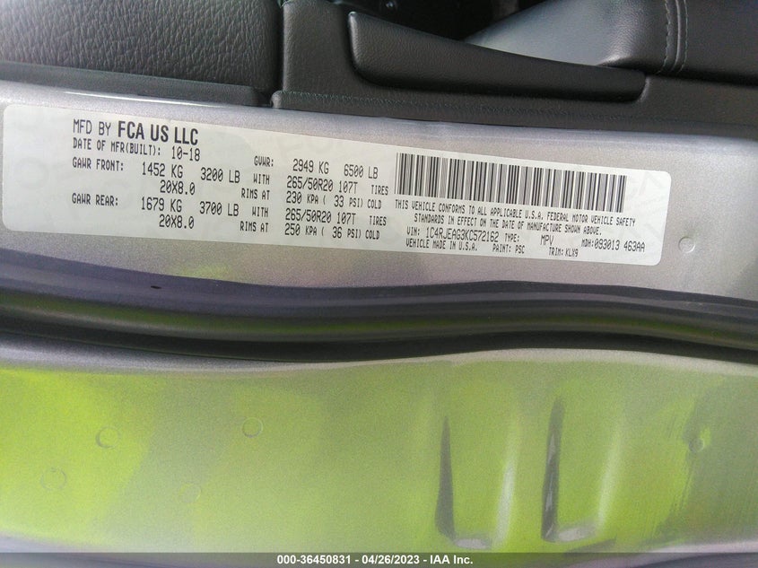 VIN 1C4RJEAG3KC572162 2019 JEEP GRAND CHEROKEE ALTITUDE