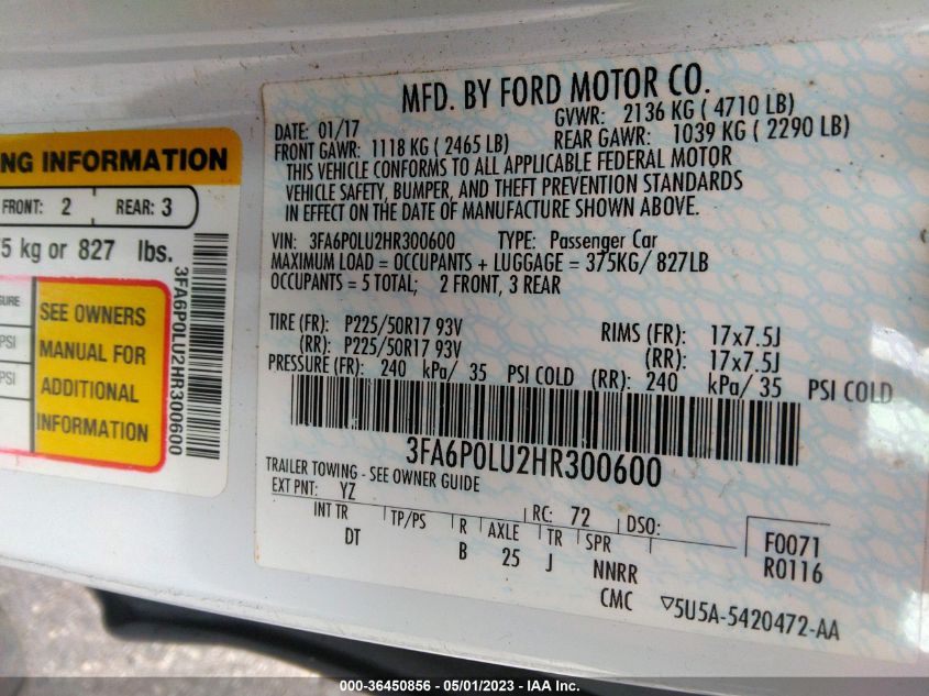 2017 FORD FUSION HYBRID SE - 3FA6P0LU2HR300600