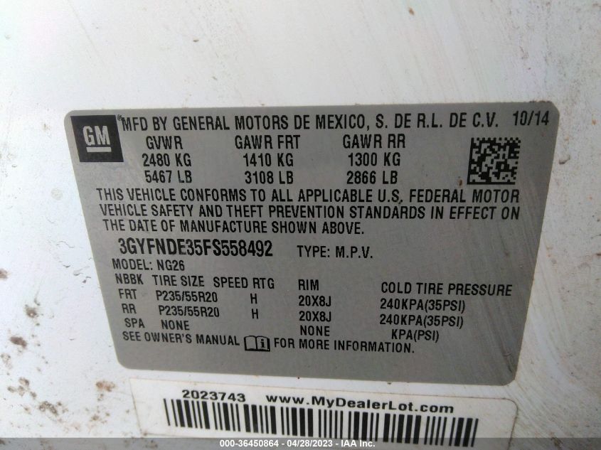 2015 CADILLAC SRX PREMIUM COLLECTION - 3GYFNDE35FS558492