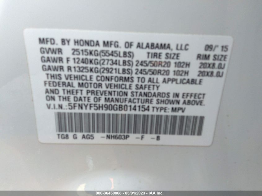 2016 HONDA PILOT TOURING - 5FNYF5H90GB014154