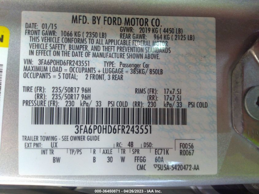 2015 FORD FUSION SE - 3FA6P0HD6FR243551