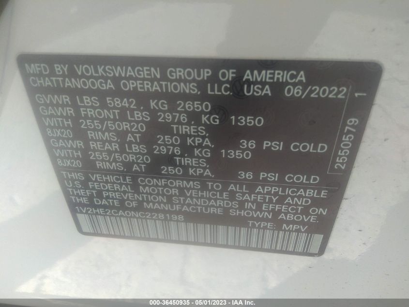2022 VOLKSWAGEN ATLAS CROSS SPORT 3.6L V6 SE W/TECHNOLOGY - 1V2HE2CA0NC228198