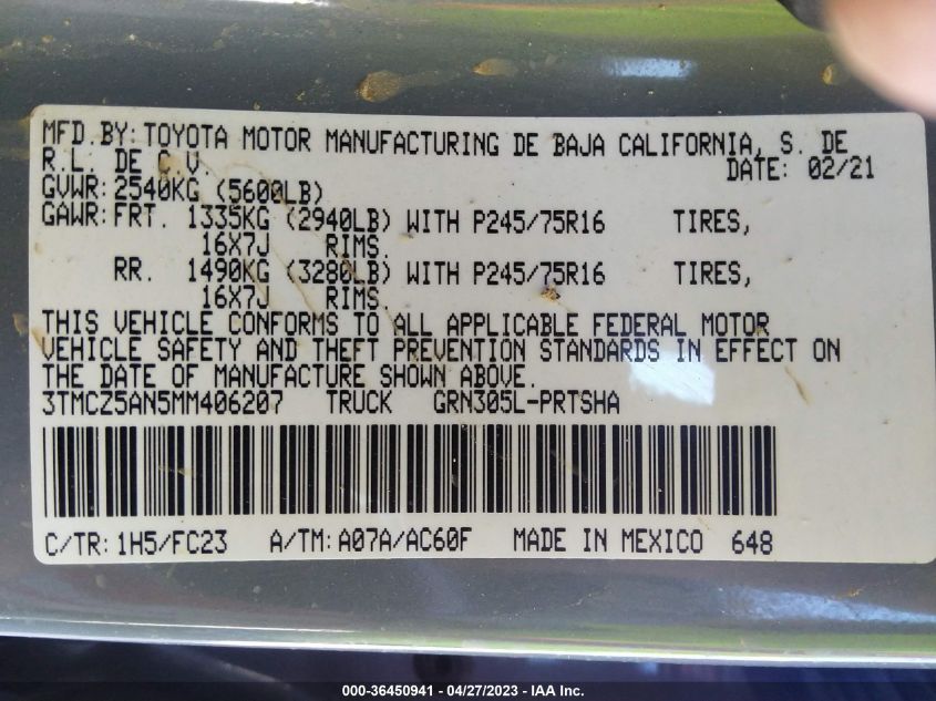 2021 TOYOTA TACOMA 4WD SR/SR5/TRD SPORT - 3TMCZ5AN5MM406207