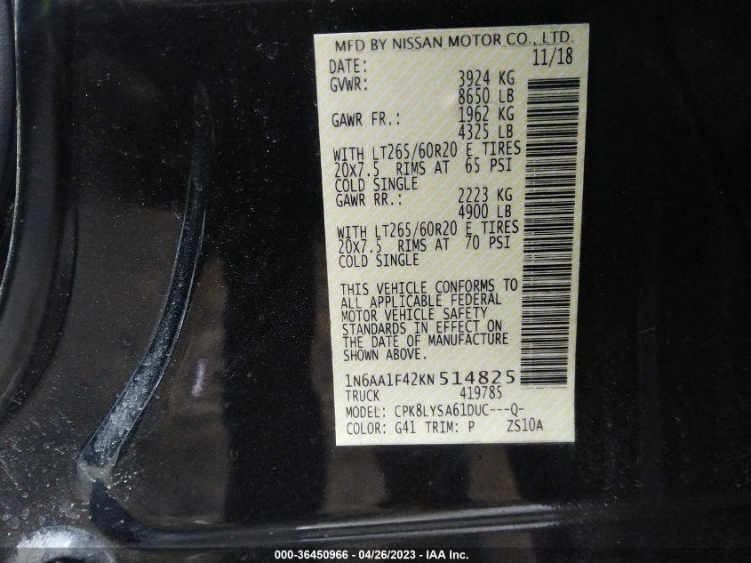 2019 NISSAN TITAN XD PLATINUM RESERVE 1N6AA1F42KN514825