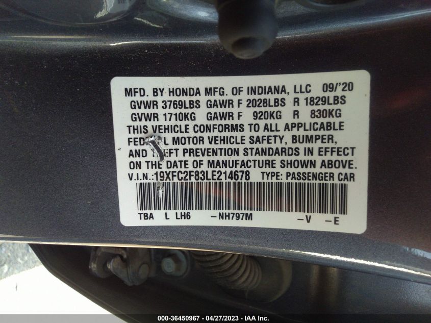 2020 HONDA CIVIC SEDAN SPORT - 19XFC2F83LE214678
