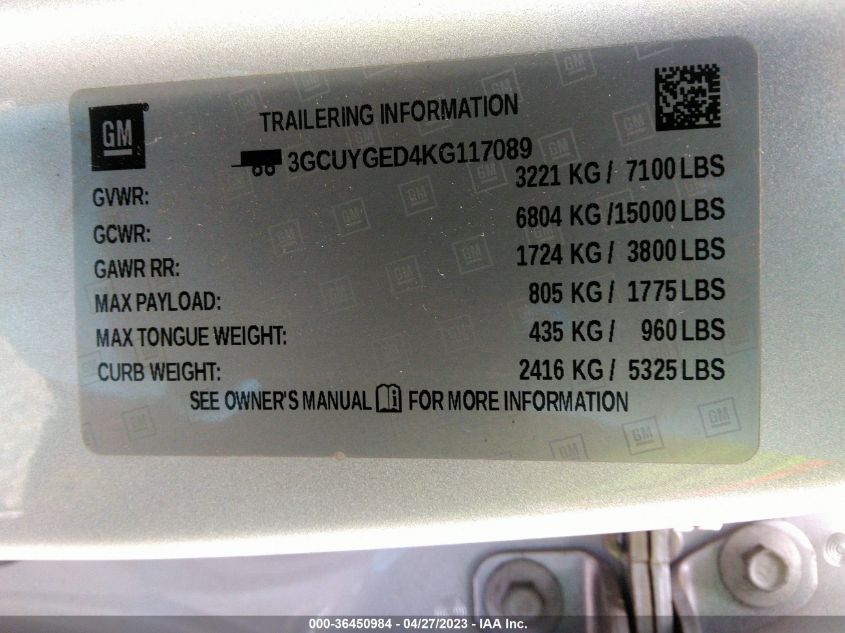 2019 CHEVROLET SILVERADO 1500 LTZ - 3GCUYGED4KG117089