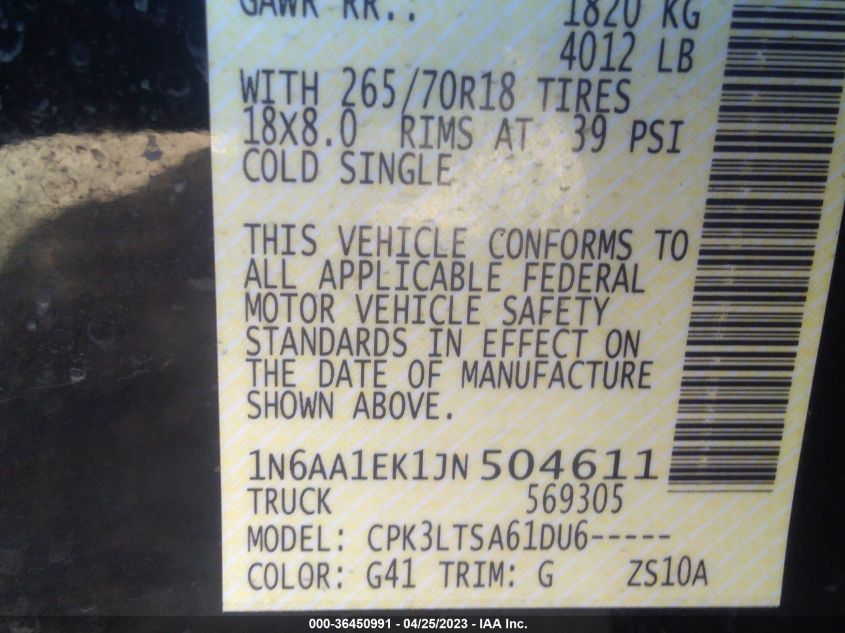 2018 NISSAN TITAN SV - 1N6AA1EK1JN504611