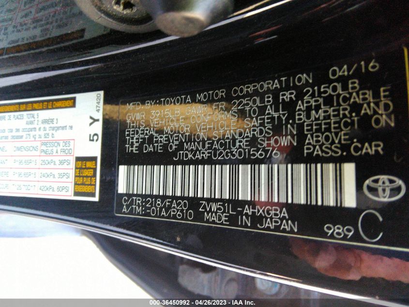 2016 TOYOTA PRIUS FOUR - JTDKARFU2G3015676