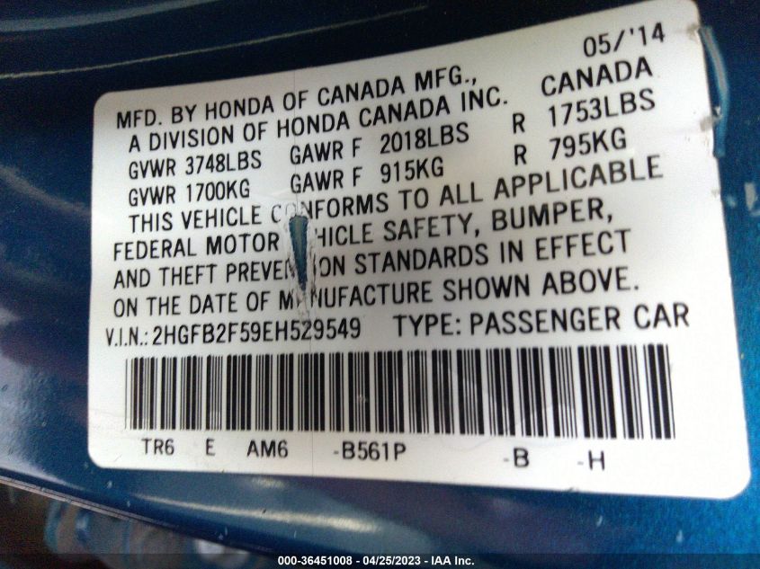 2014 HONDA CIVIC SEDAN LX - 2HGFB2F59EH529549