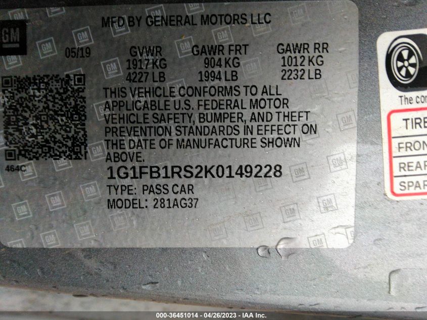 2019 CHEVROLET CAMARO 1LT - 1G1FB1RS2K0149228