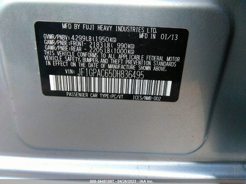 2013 SUBARU IMPREZA WAGON 2.0I PREMIUM - JF1GPAC65DH836495