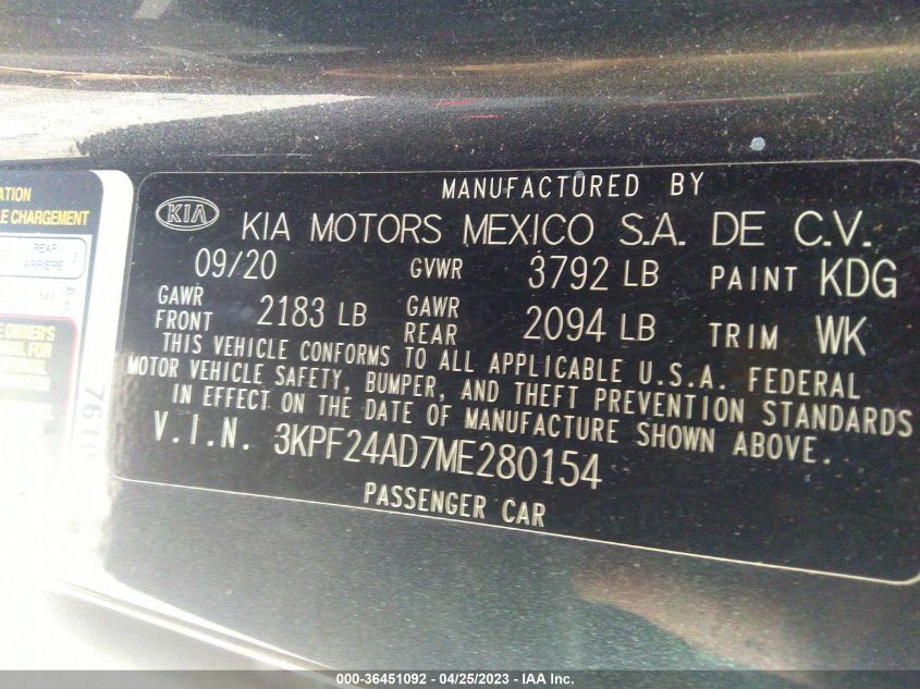 2021 KIA FORTE LXS - 3KPF24AD7ME280154