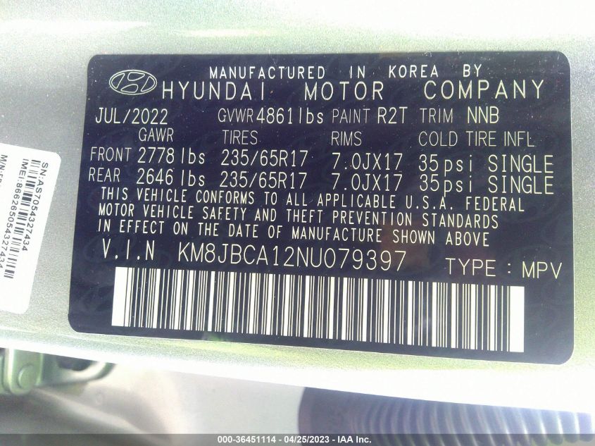 2022 HYUNDAI TUCSON HYBRID BLUE KM8JBCA12NU079397