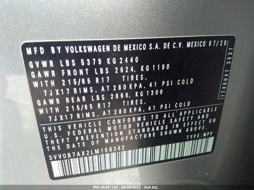 2020 VOLKSWAGEN TIGUAN S - 3VV0B7AX2LM158342