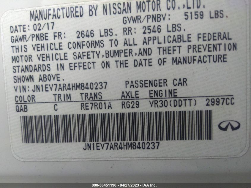 2017 INFINITI Q50 3.0T PREMIUM - JN1EV7AR4HM840237