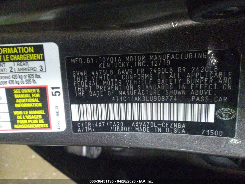 2020 TOYOTA CAMRY LE - 4T1C11AK3LU908774