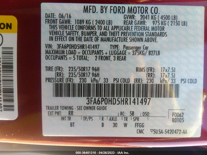 2017 FORD FUSION SE - 3FA6P0HD5HR141497