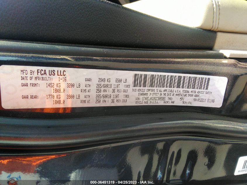 2016 DODGE DURANGO SXT - 1C4RDJAG9GC309391