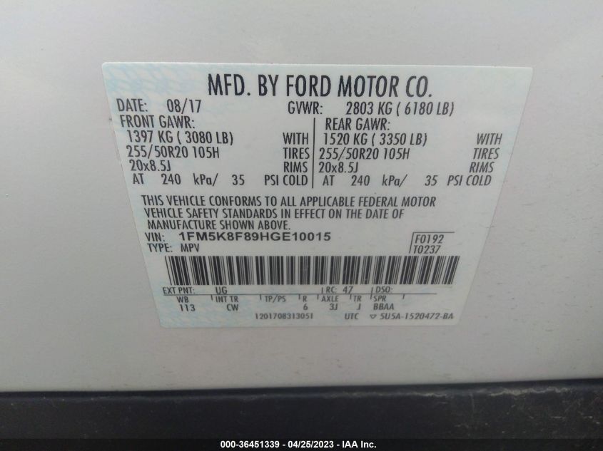 2017 FORD EXPLORER LIMITED - 1FM5K8F89HGE10015